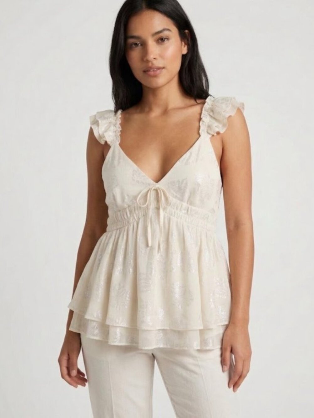 Parker Ivory Metallic Ruffle Strap Peplum Tank Top